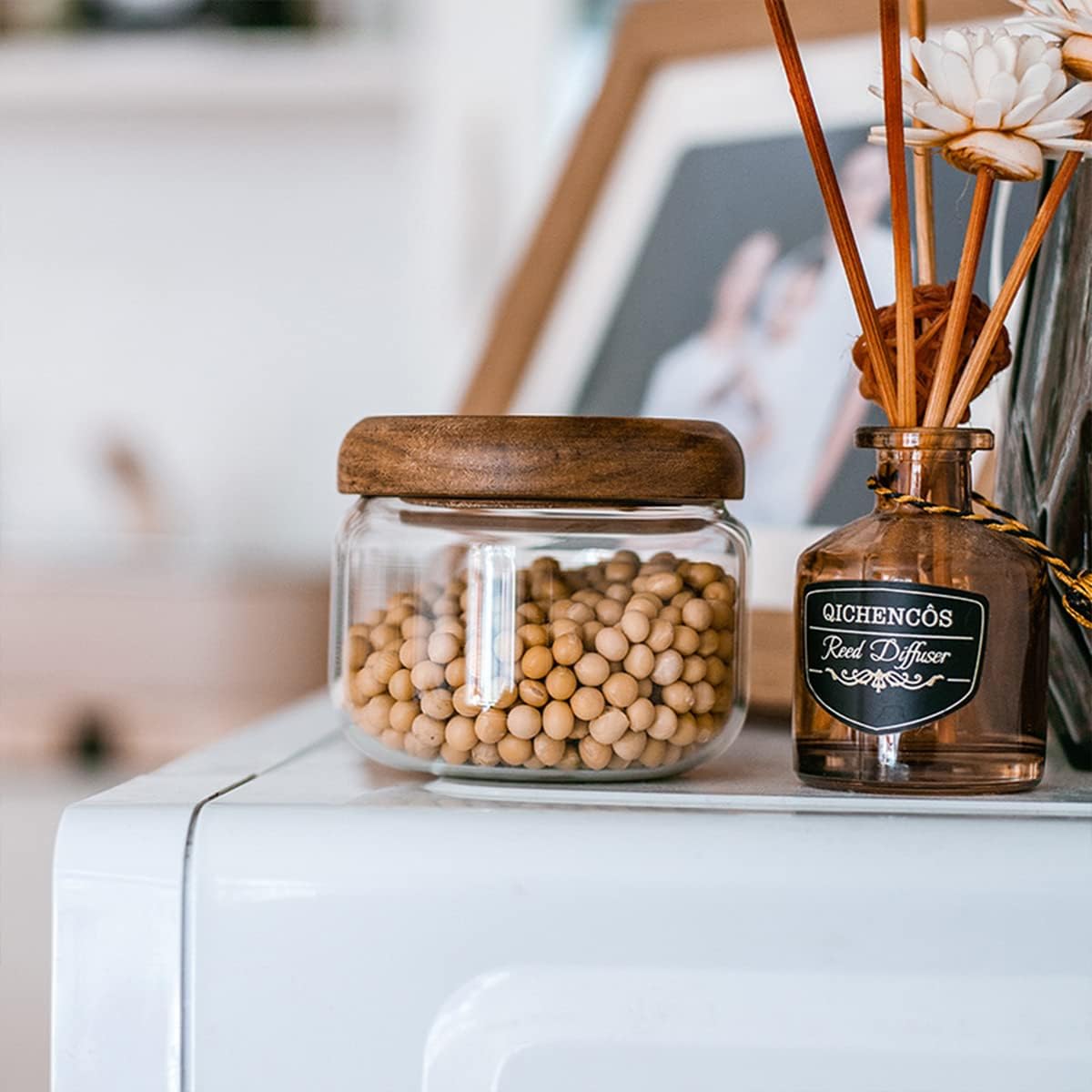 Glass Food Storage Containers With Wooden Lids - Small Coffee Jars - Pantry Organization For Overnight Oats, Cereal, Rice, Candy (10oz(300ml))