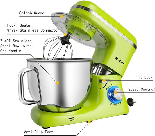 Aucma Stand Mixer,7.4QT Food Mixers, Kitchen Electric Mixer with Dough Hook, Wire Whip & Beater (Green, 7.4QT)