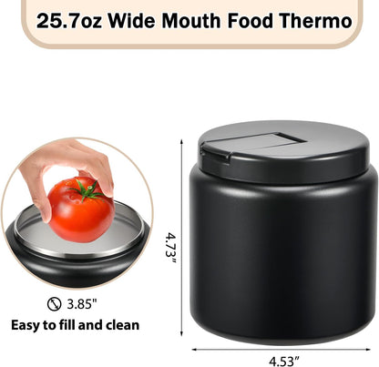 26oz Kids Thermos for Hot Food, Insulated Vacuum Food Jar with Buckle Lid, Stainless Steel Wide Mouth Leak Proof Insulated Lunch Container for School Picnic Travel, Black