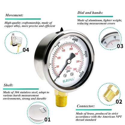 ELECALL 2-1/2" Glycerin Liquid Filled Air Pressure Gauge, 0-5000Psi, 1/4" NPT Lower Mount, Stainless Steel Case, Brass Internals, Water Pressure Gauge