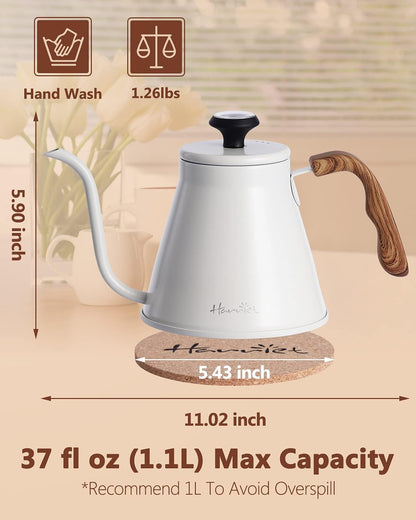 Harriet Gooseneck Kettle with Thermometer for Pour Over Coffee and Tea, 37 fl oz, Stainless Steel, Durable 3-Layer Base, Ideal Spout for Precision Pouring, Compatible with all Stove Tops, White