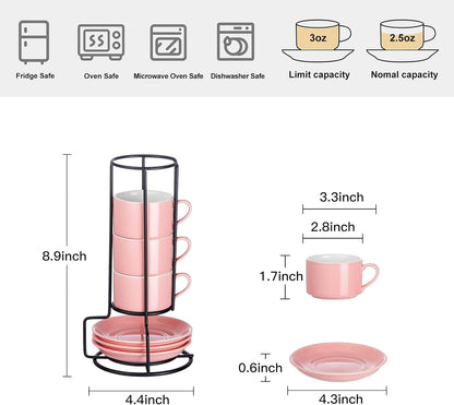2.5oz Porcelain Stackable Espresso Cups with Saucers and Metal Stand Set of 4, Stackable Cappuccino Cups, Pink Expresso Shots Cup Set for Coffee Drinks, Latte, Tea