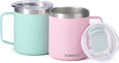 SUNWILL Travel Coffee Mug with Lid, Insulated Tumbler with Handle, 14 oz Stainless Steel Cup Set for Camping, Outdoor, Powder Coated Sakura & Mint 2 Pack