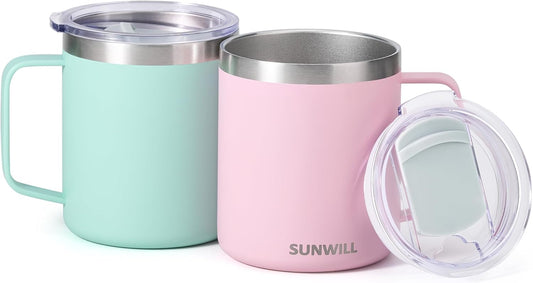 SUNWILL Travel Coffee Mug with Lid, Insulated Tumbler with Handle, 14 oz Stainless Steel Cup Set for Camping, Outdoor, Powder Coated Sakura & Mint 2 Pack