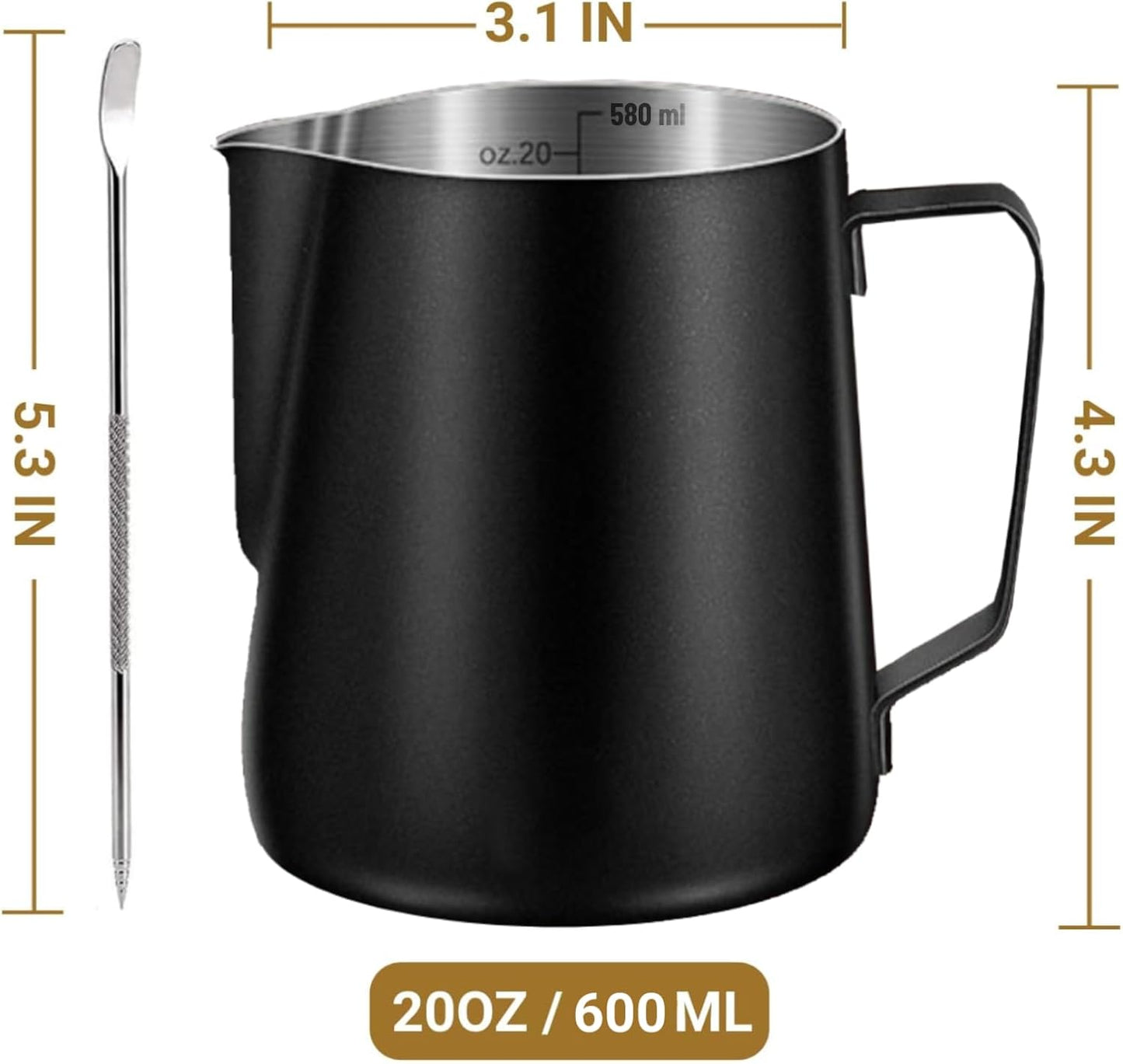 Milk Frothing Pitcher, 350ml/600ml (12oz/20oz) Milk Frother Cup Stainless Steel Jug Steaming Pitcher, Milk Coffee Cappuccino Latte Art Barista Steam Pitchers Milk Jug Cup with Decorating Pen