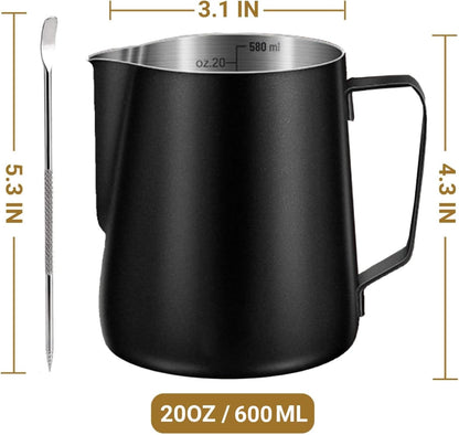 Milk Frothing Pitcher, 350ml/600ml (12oz/20oz) Milk Frother Cup Stainless Steel Jug Steaming Pitcher, Milk Coffee Cappuccino Latte Art Barista Steam Pitchers Milk Jug Cup with Decorating Pen