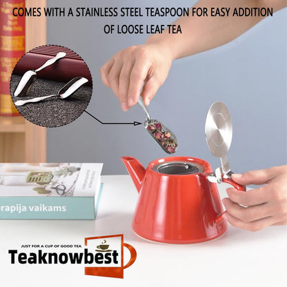 Ceramic teapot, 19oz Tea pot for loose leaf tea, Tea infuser pot with Removable 18/8 Stainless Steel Infuser and teaspoon, Suitable for 1-2 people to brew tea or coffee (pink)