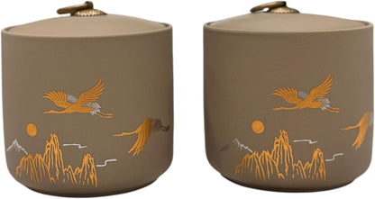 Bare & Balanced Premium Ceramic Tea Canister Set – Handcrafted Storage Jars with Airtight Lids | Crane & Mountain Design | Ideal for Tea, Coffee, Spices | Gift-Ready Box (Light beige)