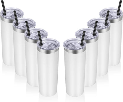 VEGOND Stainless Steel Tumblers Bulk 8 Pack, 20 oz Vacuum Insulated Skinny Tumblers with Lid and Straw, Double Wall Coffee Mug, Travel Water Cup, White