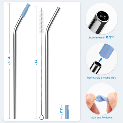 2 Pcs Stainless Steel Straw with Silicone Tips for 30 oz Stanley Tumbler, Repeatable 30 oz Metal Straws for Stanley Adventure Quencher Travel Tumbler Cup, BPA Free（Light Blue）