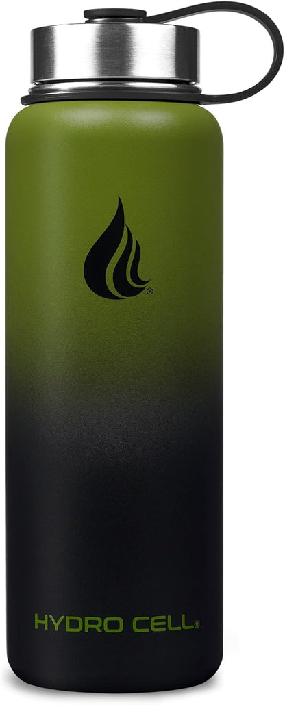 HYDRO CELL Stainless Steel Insulated Water Bottle with Straw - For Cold & Hot Drinks - Metal Vacuum Flask with Screw Cap and Modern Leakproof Sport Thermos for Adults (Army/Black 40oz)