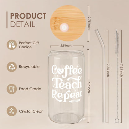 SANDJEST Teacher Glass Can, Coffee Teach Repeat Cup, Coffee Aesthetic Cups, Gift for Christmas Thanksgiving Birthday Teacher Appreciation, Gifts for Women, 16oz