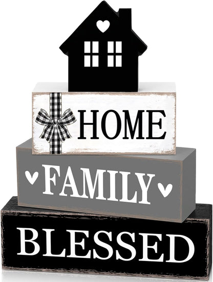 Rustic Farmhouse Table Decor Blessed Signs for Home Decor Neutral Home Family Wood Sign Black and White Modern Tabletop Centerpiece for Kitchen Shelf Desk Tiered Tray Decoration