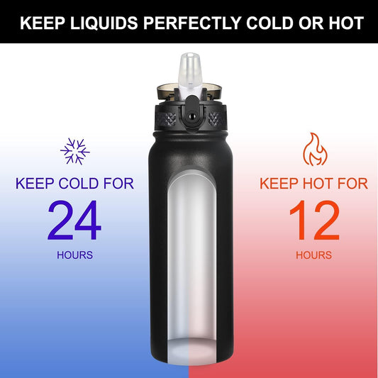 GOPPUS 20oz Insulated Stainless Steel Water Bottle with Straw Lid Reusable Leakproof Water Flask, Keeps Hot and Cold Sports Canteen Water Bottles for Kids Men Women Gym （Black 1 Lid）