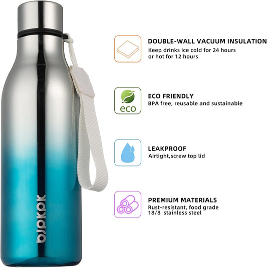 BJPKPK Insulated Water Bottles, 18 oz Stainless Steel Metal Water Bottle with Strap, BPA Free Leak Proof Thermos, Mugs, Flasks, Reusable Water Bottle for Sports & Travel, Blue Lagoon