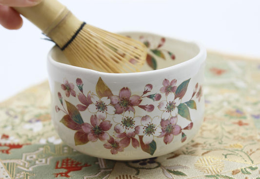 Japanese Traditional Mino Ware Handcrafted Mini Matcha Chawan Tea Bowl Cup Set With Chasen Bamboo Tea Whisk Ceremony Tableware Pottery (Kohiki Sakura)