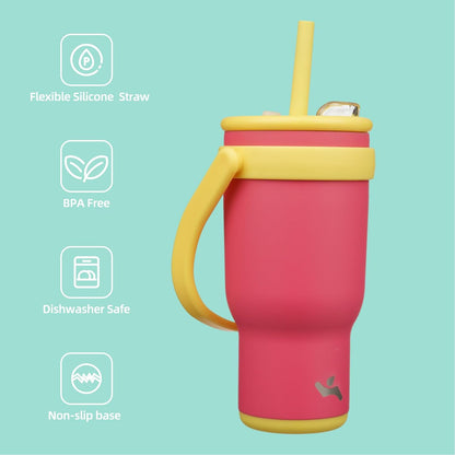 30 oz Tumbler with Side Handle, Insulated Water Bottle with Straw and 2 in 1 Lid, Stainless Steel Cup Travel Coffee Mug for Sports Office Gym,Rose Pink