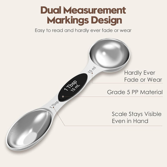 Magnetic Measuring Spoons Set of 8 | Heavy Duty 304 Stainless Steel, Triple Measurement Markings, Strong N52 Magnets, Easy to Clean, Space-Saving with Leveler Included (Black)