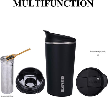 GiNT 17oz Travel Mug with Infuser and Two Lids. Vacuum Insulated 316 Stainless Steel Coffee Mug. Dishwasher Safe Mug with Tea Strainer for Hot and Cold Brew Coffee or Tea(Black)
