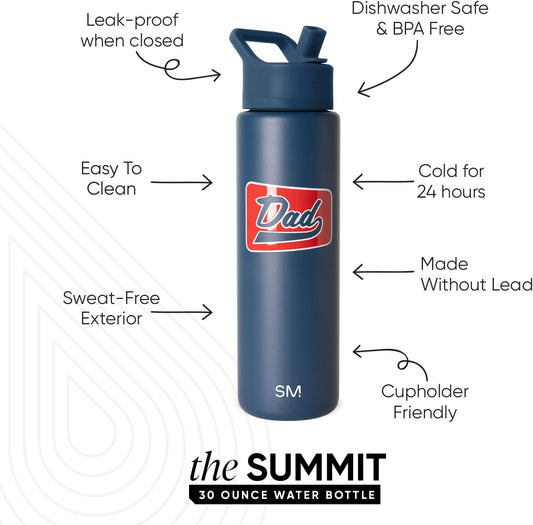 Simple Modern Father's Day Summit Water Bottle with Straw Lid | Vacuum Insulated Stainless Steel Metal Thermos | Reusable Leak Proof BPA-Free Flask for Sports Gym | 30oz, Vintage Dad
