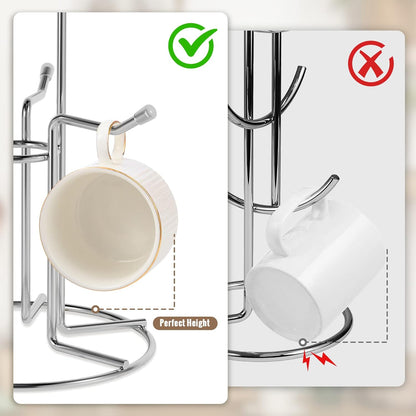HULISEN Coffee Mug Holder for Countetop, Cup Tree for Counter Large Mugs with 6 Hooks, Metal Cup Holder Stand, Standing Rack Display for Coffee Bar, Silver