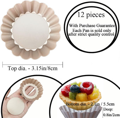 DATANYA Mini Tart Pans Removable Bottom 3 Inch, Carbon Steel Nonstick Quiche Pan Pie Tart Tin Mold, 0.8inches High for Baking Tartlets, Pies, Cakes, Cupcakes - Premium Champagne Gold 12PCS