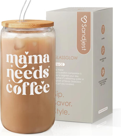 SANDJEST Mom Glass Can, Mama Needs Coffee Cup with Lid & Straw, Iced Coffee Aesthetic Cups, Idea Gifts for Christmas Birthday Mother Day, Gifts for Women, 16oz