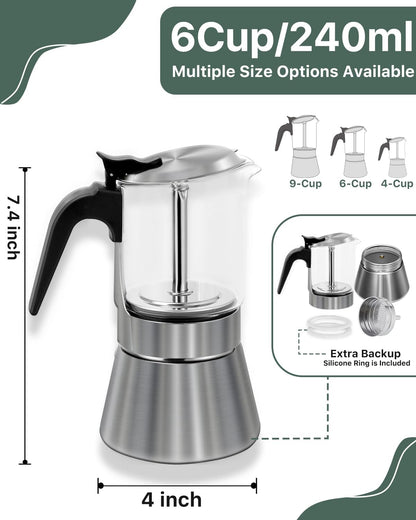Grasseed Stainless Steel Moka Pot, Crystal Glass-top Coffee Maker Mocha Pot, Italian Stovetop Espresso Maker for Coffee - 6 Cup/240ml