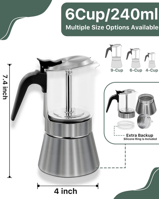 Grasseed Stainless Steel Moka Pot, Crystal Glass-top Coffee Maker Mocha Pot, Italian Stovetop Espresso Maker for Coffee - 6 Cup/240ml