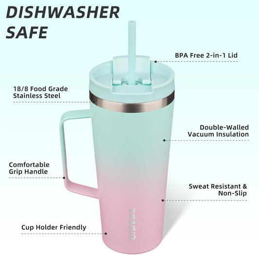BJPKPK Insulated Tumbler with Handle, 22oz Insulated Tumblers with Lid and Straw, Stainless Steel Metal Water Bottles, Coffee Travel Mugs, Cups, Marshmallow