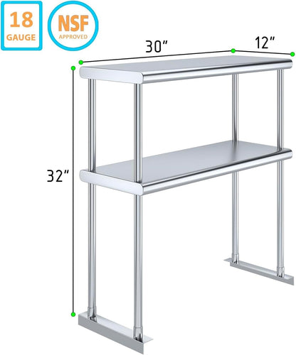 NSF Certified 18 Gauge Heavy Duty Stainless Steel Double overshelf with Brackets for Kitchens, Utility Rooms, Storage, Offices & Home