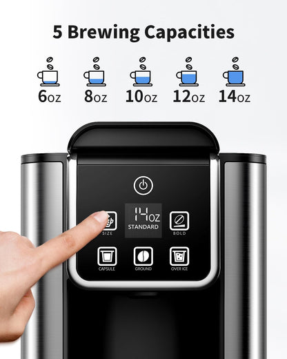 Hot & Iced Coffee Maker with Bold Setting, Single Serve Coffee Maker for K Cup and Grounds, 6-14 Oz Brew Sizes, 50 Oz Removable Water Tank, One Cup Coffee Machine with Reusable Filter, Black