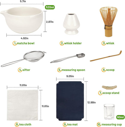 Matcha Tea Kit 10-Pcs Set, Whisk and Bowl with Spout & Measuring Spoon, Japanese Tea Making Tools, White