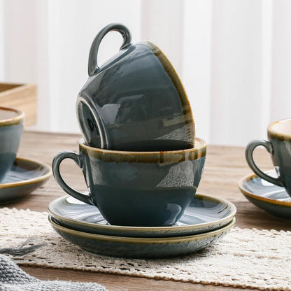 SHUER Ceramic Cappuccino Cup Set of 4, 11.2 OZ Cups and Saucers Set,Coffee Mocha Cup Sets,Black Coffee Cups and Glaze Americano Mug Great for Party and Low Tea Time (Blue 320ml)