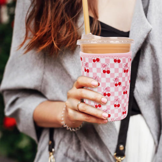 Reusable Insulated Neoprene Iced Coffee Cup Sleeve, Durable Drink Sleeve for Cold Beverages, Beverage Holder for Iced Coffee, Sweet Cherry
