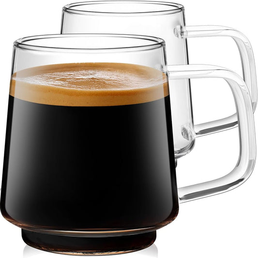 Aquach 16 Oz Glass Coffee Tea Cups, Clear Mugs with Handle, Microwave and Dishwasher safe Home Office Mug Perfect for Americano Latte Hot Beverages, 2-Pack