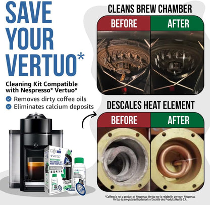 Caffenu Descaling Kit Compatible with Nespresso Vertuo, 2 Uses Descaling Solution and 6 Cleaner Pods. Removes Limescale & Cleans Pod Area. Better Tasting & Hotter Coffee. 4 Months Supply.