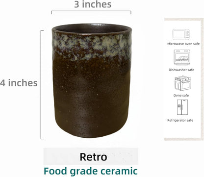 Stoneware Coffee Bar Utensil Holder Tea & Coffee Spoon & Stirrer Holder for Stir Stick Straw Teaspoon Holder Spoon Cup Small Utensil Jar (Retro Rustic Brown)