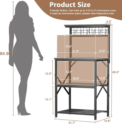 Furologee Kitchen Bakers Rack, Microwave Stand with Storage 4 Tiers, Coffee Bar Station with 6 S Hooks and Pegboard, Kitchen Shelves Rack for Spices, Pots, Black Oak