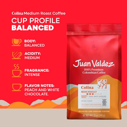 Juan Valdez Colina Ground Coffee, Balanced Roast 12 OZ - Premium Colombian Coffee - Unique “Caracolito” beans produce a coffee of balanced flavor (Pack of 2)