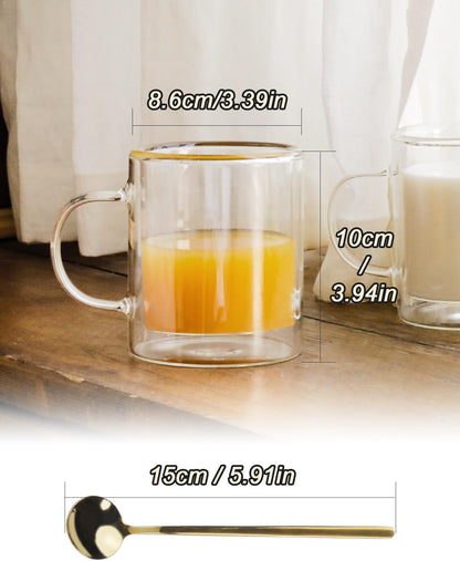 LIBWYS 12oz Double Wall Coffee Mugs (2 Pack) - Insulated Borosilicate Glass Cups with Handle for Espresso, Cappuccino, Latte - Heat Resistant, Dishwasher Safe Hot/Cold Beverage Glasses 350ml