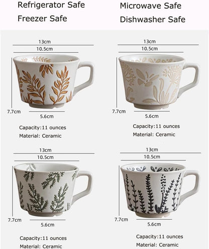Ceramic Mug Set of 4 with Coffee Spoon, 11oz - Vintage Coffee Mug Cups for Coffee Milk Latte Cappuccino Tea, Porcelain Coffee Cups Dishwasher Microwave Freezer Safe Stoneware