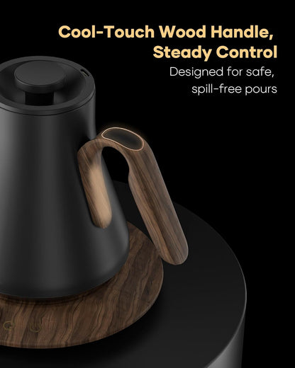 Cocinare FLOW B9 Gooseneck Electric Kettle, Precise Temperature Control for Pour-Over Coffee & Tea Brewing, Stainless Steel Interior, Rapid Heating for Boiling Water 1500W/0.9L (Black Wooden)