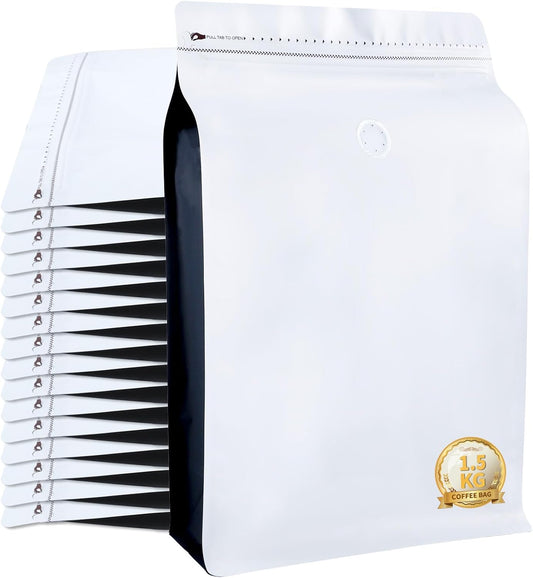 New 1.5 KG Large Capacity Coffee Bags with Valve (50 PCS) White Sides Black High Barrier Aluminum Foil Flat Bottom Standing Coffee Beans Storage Packaging Bags, Reusable Heat Seal Side Zipper Pouches