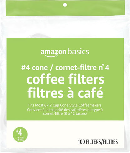 Amazon Basics Number 4 Cone Coffee Filters for 8-12 Cup Coffee Makers, White, 100 Count