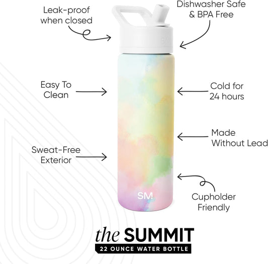 Simple Modern Water Bottle with Straw Lid | Vacuum Insulated Stainless Steel Metal | Reusable Leak Proof BPA-Free Cup for School | Summit Collection | 22oz, Cotton Candy Tie Dye
