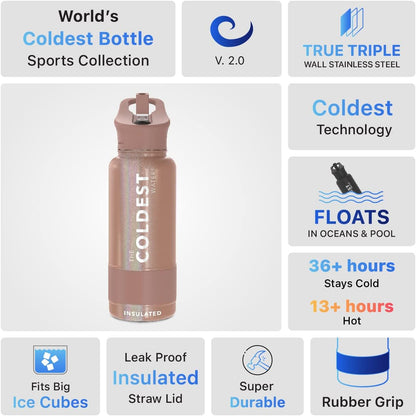 Coldest Insulated Water Bottle with Straw Lid - Stainless Steel Metal Insulated Bottle for Men & Women (Golden Rose Glitter, 32 oz)