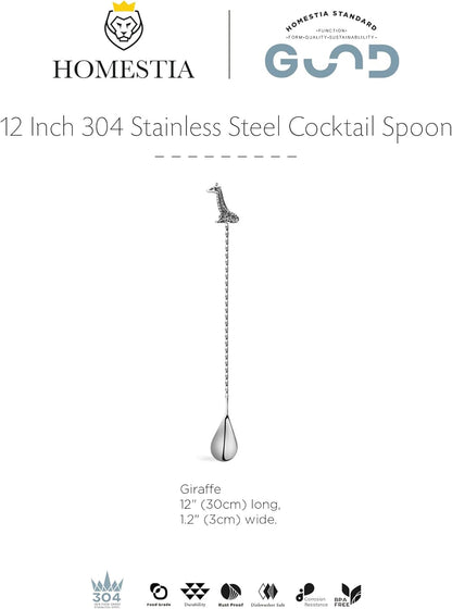 Homestia Bar Spoon Cocktail Mixing Spoon, Spiral Pattern Bar Cocktail Shaker Spoon, Stainless Steel Long Handle 12 Inches, Drink Stirrers Spoons with Giraffe Handle for Cocktail Shaker Tall Cups