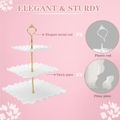 5 Pcs Dessert Table Display Set, White Plastic 2 Pcs Square 3 Tier Cupcake Stand Cup Cake Tower Stand with Metal Rod & 3 Pcs Serving Tray for Baby Shower, Tea Party, Wedding, Birthday Party