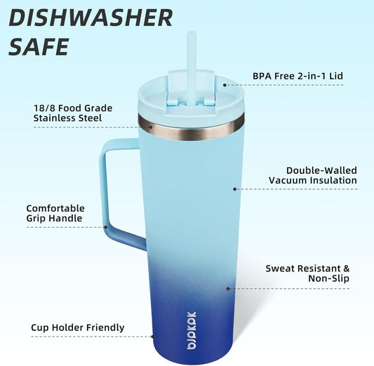 BJPKPK Insulated Tumbler with Handle, 30oz Insulated Tumblers with Lid and Straw, Stainless Steel Metal Water Bottles, Coffee Travel Mugs, Cups, Sky